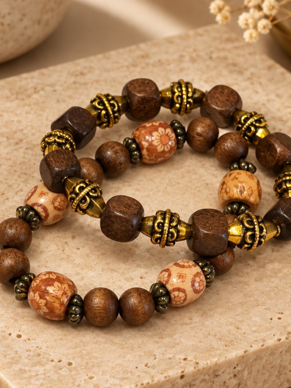 Brown Wood and Brass Set of 2 Stretch Bracelets - New